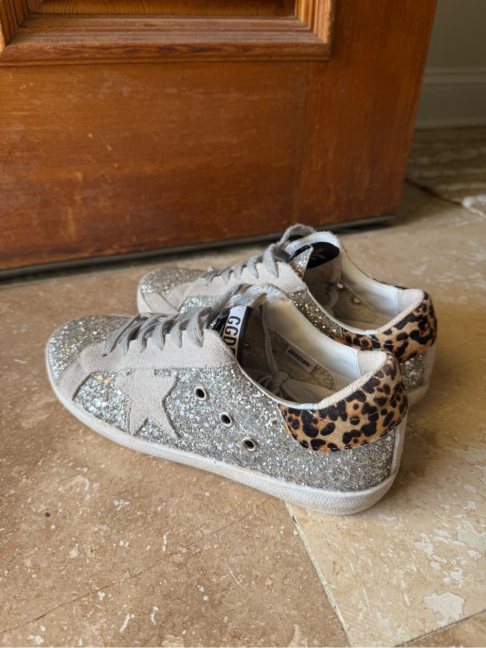 Golden Goose Silver Glitter Sneakers with Leopard Heel Accent